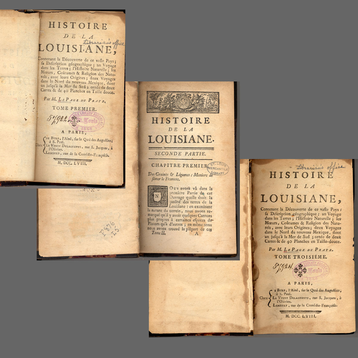 History of Louisiana, in three volumes by Antoine Le Page du Pratz, published in 1758